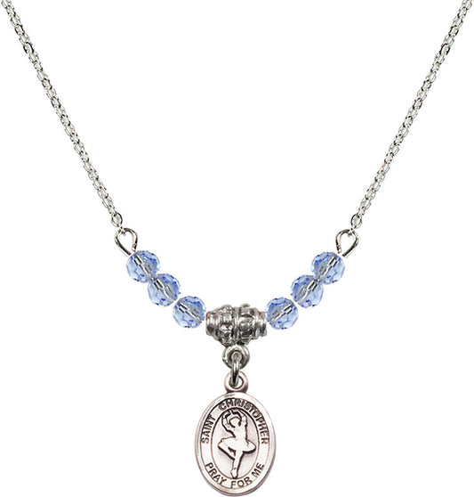Sterling Silver Saint Christopher/Dance Birthstone Necklace with Light Sapphire Beads - 9143