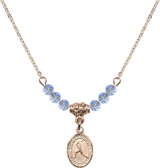 14kt Gold Filled Saint Christopher/Baseball Birthstone Necklace with Light Sapphire Beads - 9150