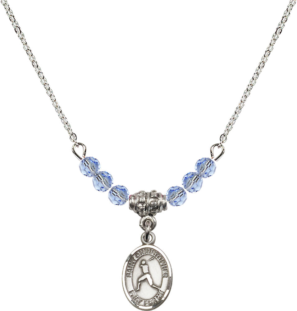 Sterling Silver Saint Christopher/Baseball Birthstone Necklace with Light Sapphire Beads - 9150