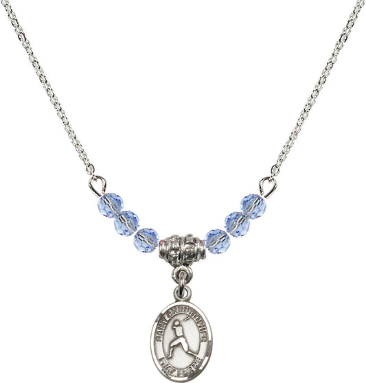 Sterling Silver Saint Christopher/Baseball Birthstone Necklace with Light Sapphire Beads - 9150