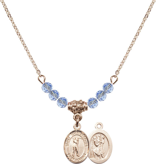 14kt Gold Filled Saint Christopher/Golf Birthstone Necklace with Light Sapphire Beads - 9152