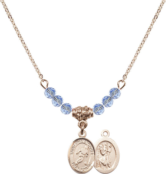 14kt Gold Filled Saint Christopher/Soccer Birthstone Necklace with Light Sapphire Beads - 9154