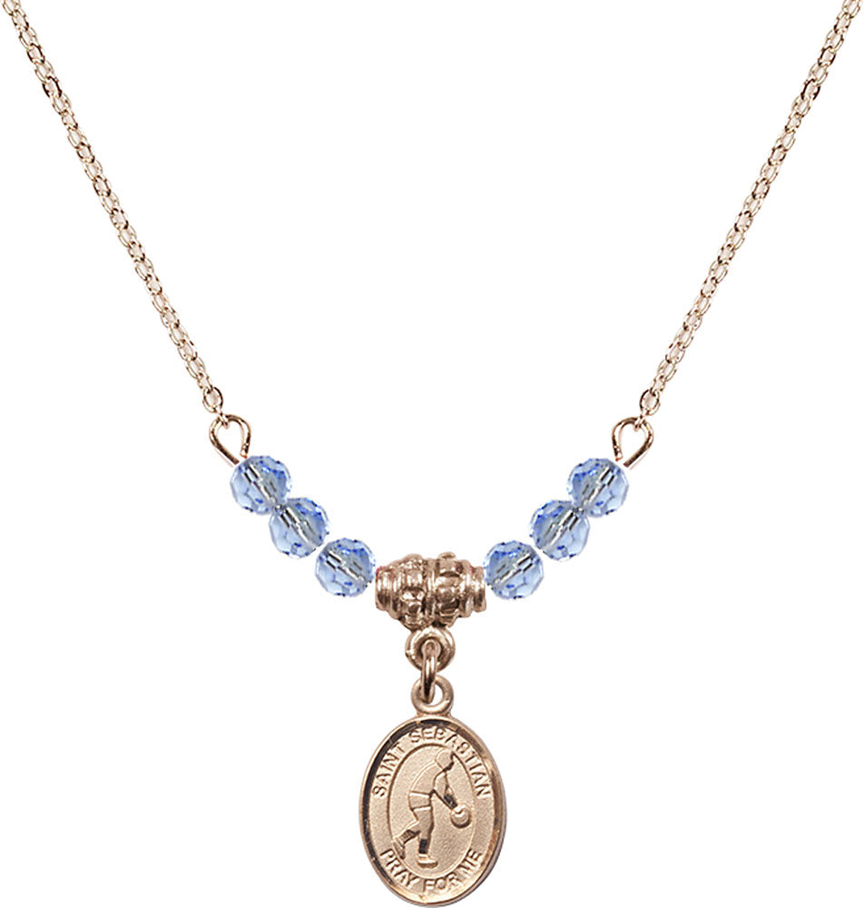 14kt Gold Filled Saint Sebastian/Basketball Birthstone Necklace with Light Sapphire Beads - 9163