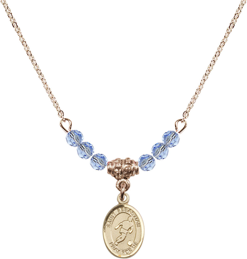 14kt Gold Filled Saint Sebastian/Soccer Birthstone Necklace with Light Sapphire Beads - 9164