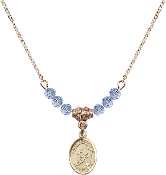 14kt Gold Filled Saint Sebastian/Soccer Birthstone Necklace with Light Sapphire Beads - 9164