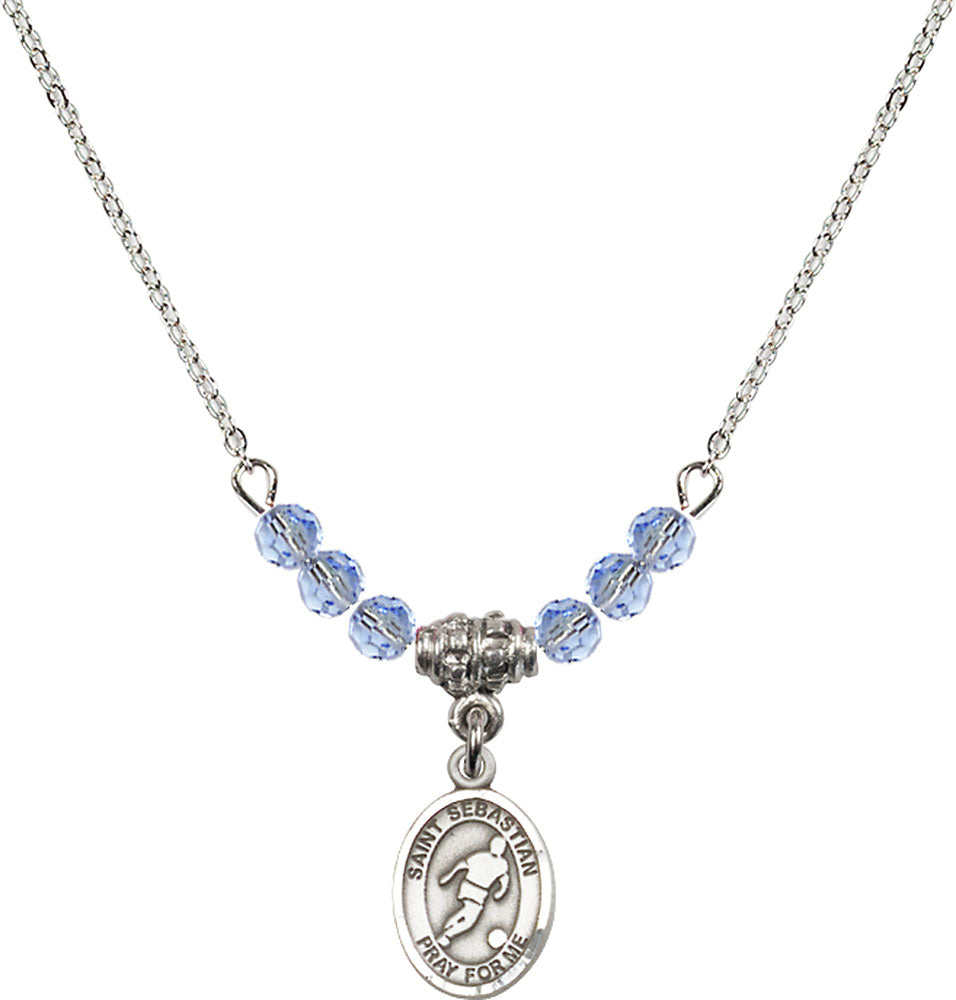 Sterling Silver Saint Sebastian/Soccer Birthstone Necklace with Light Sapphire Beads - 9164