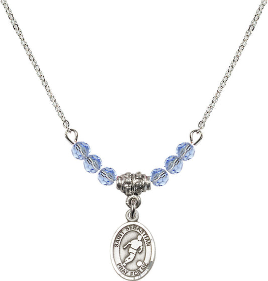 Sterling Silver Saint Sebastian/Soccer Birthstone Necklace with Light Sapphire Beads - 9164