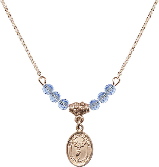 14kt Gold Filled Saint Sebastian/Cheerleading Birthstone Necklace with Light Sapphire Beads - 9170