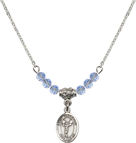 Sterling Silver Saint Sebastian/Cheerleading Birthstone Necklace with Light Sapphire Beads - 9170