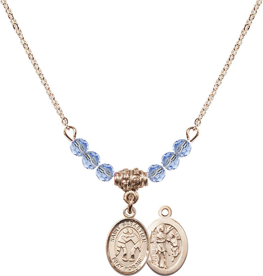 14kt Gold Filled Saint Sebastian/Wrestling Birthstone Necklace with Light Sapphire Beads - 9171