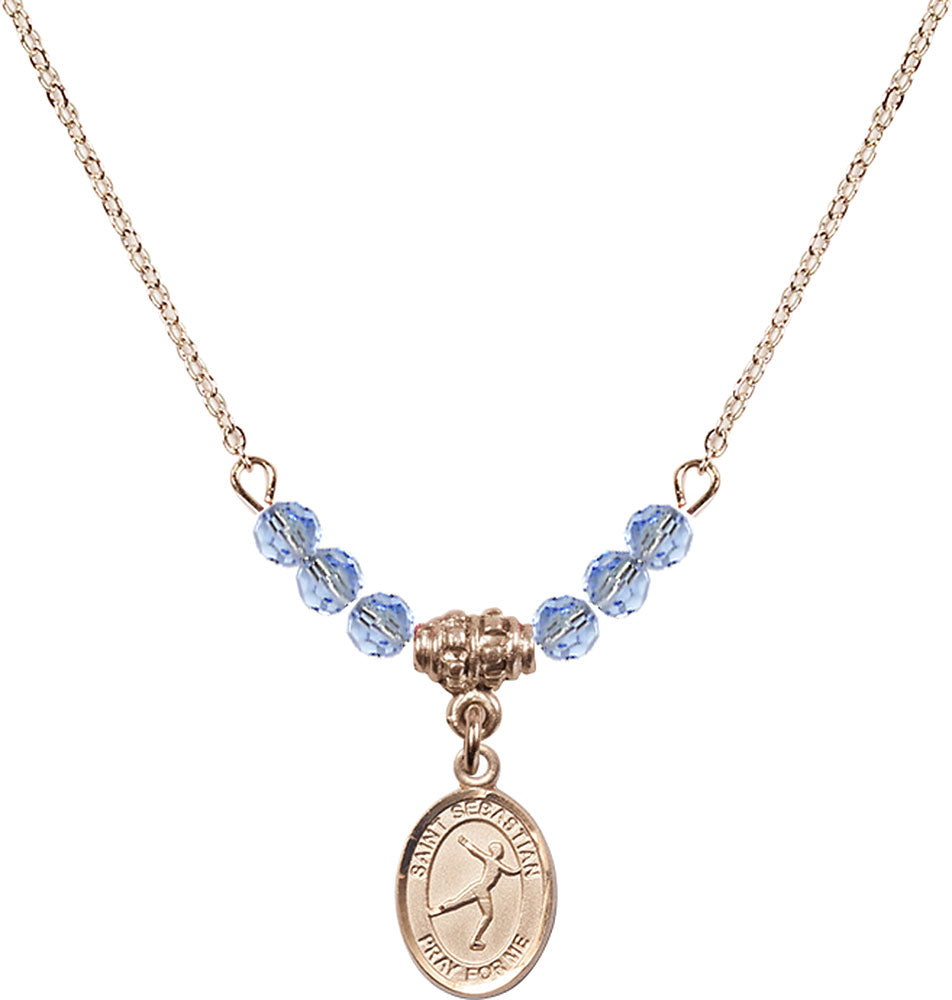 14kt Gold Filled Saint Sebastian/Figure Skating Birthstone Necklace with Light Sapphire Beads - 9177
