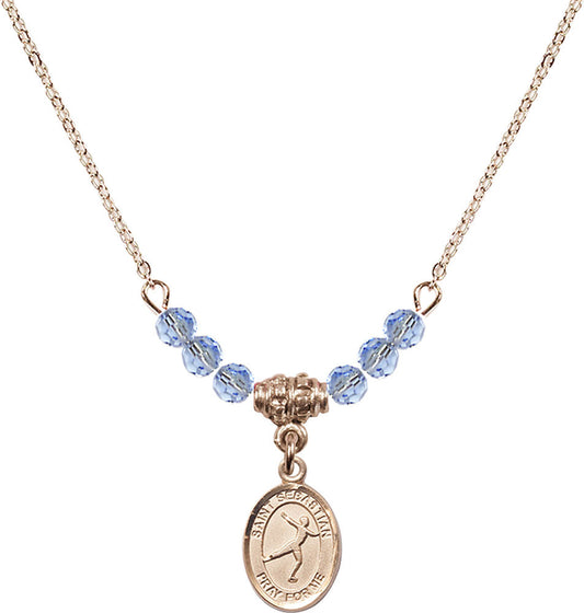 14kt Gold Filled Saint Sebastian/Figure Skating Birthstone Necklace with Light Sapphire Beads - 9177