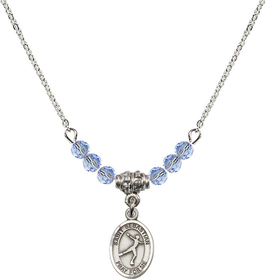 Sterling Silver Saint Sebastian/Figure Skating Birthstone Necklace with Light Sapphire Beads - 9177