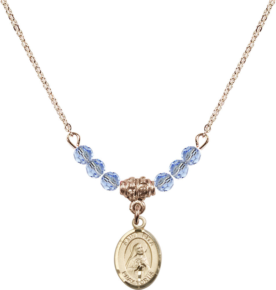 14kt Gold Filled Saint Rita / Baseball Birthstone Necklace with Light Sapphire Beads - 9181