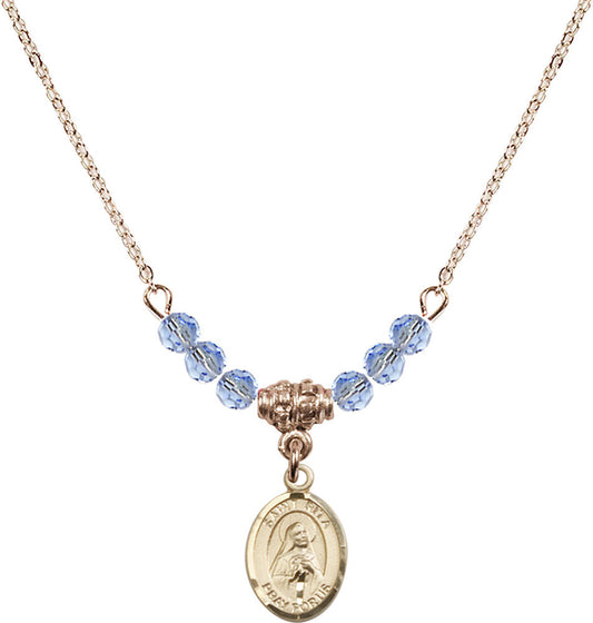 14kt Gold Filled Saint Rita / Baseball Birthstone Necklace with Light Sapphire Beads - 9181