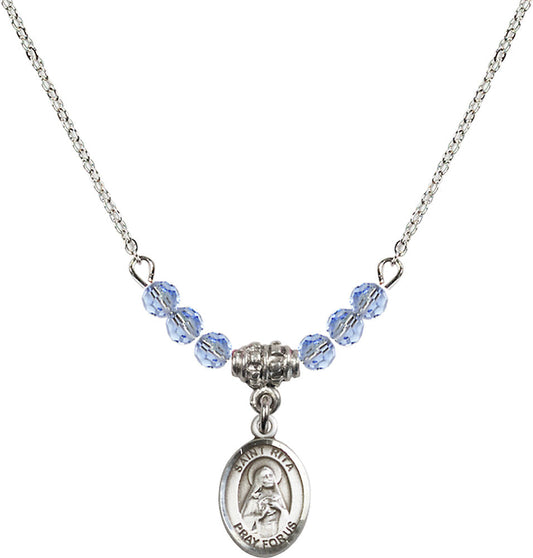 Sterling Silver Saint Rita / Baseball Birthstone Necklace with Light Sapphire Beads - 9181