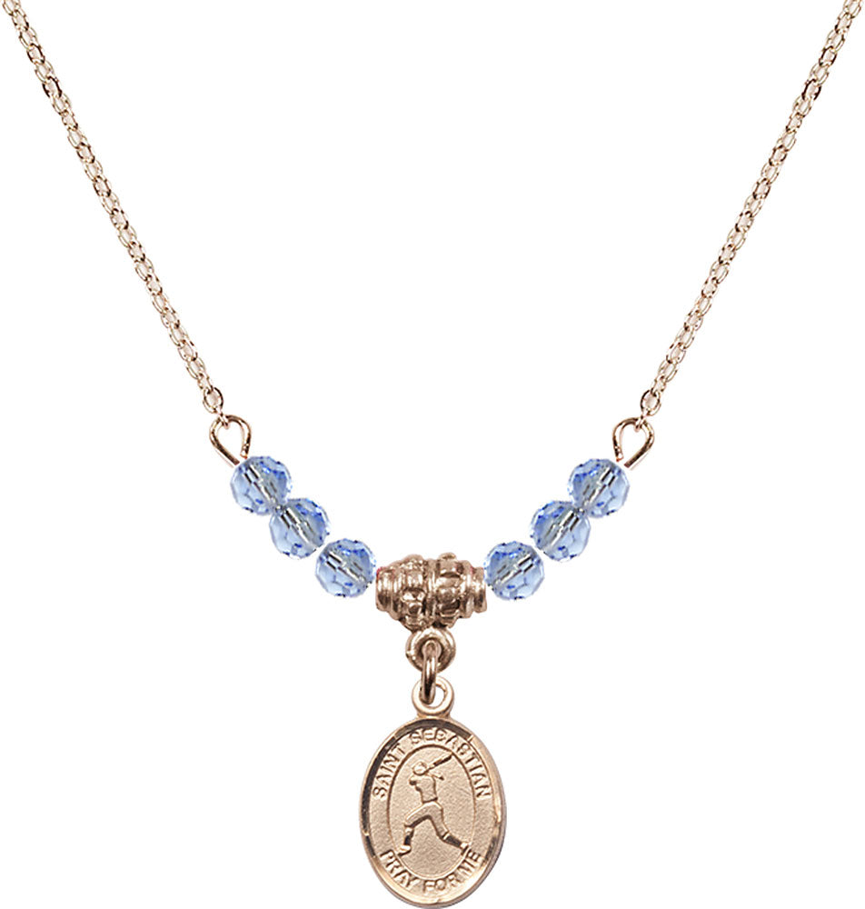 14kt Gold Filled Saint Sebastian/Softball Birthstone Necklace with Light Sapphire Beads - 9183