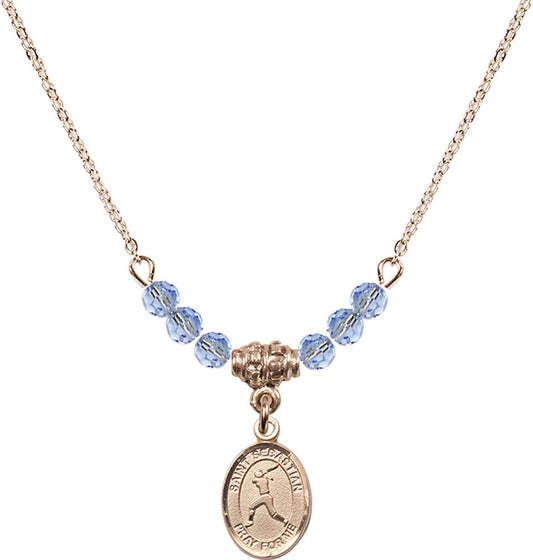 14kt Gold Filled Saint Sebastian/Softball Birthstone Necklace with Light Sapphire Beads - 9183