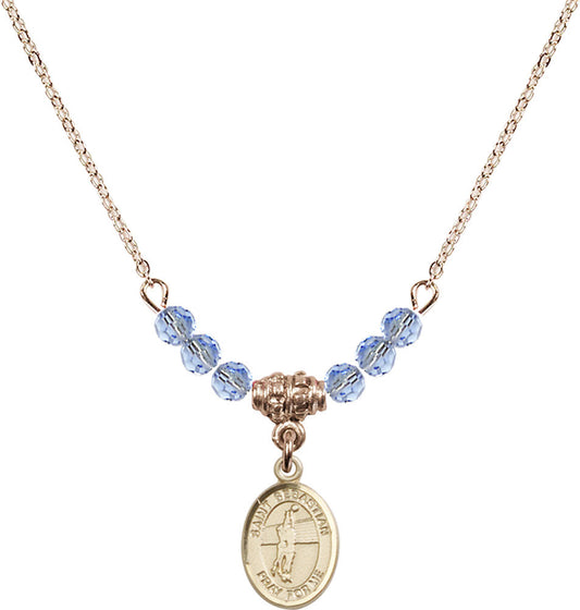 14kt Gold Filled Saint Sebastian / Volleyball Birthstone Necklace with Light Sapphire Beads - 9186