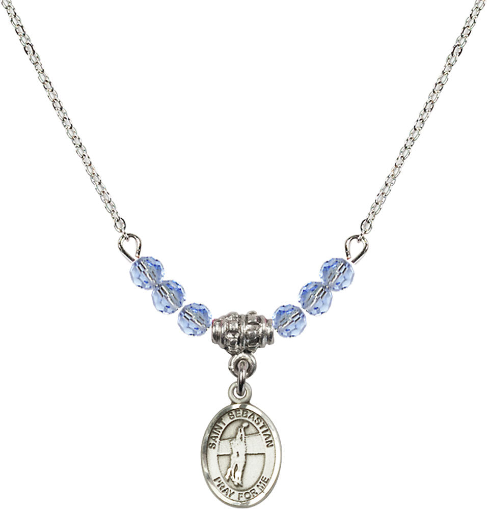 Sterling Silver Saint Sebastian / Volleyball Birthstone Necklace with Light Sapphire Beads - 9186
