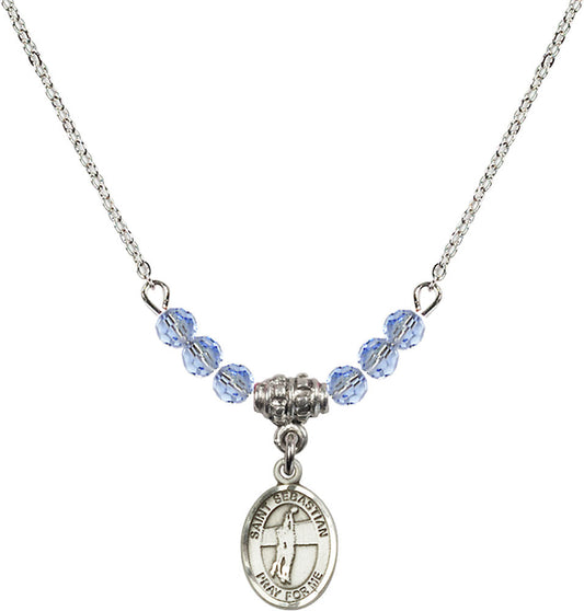 Sterling Silver Saint Sebastian / Volleyball Birthstone Necklace with Light Sapphire Beads - 9186