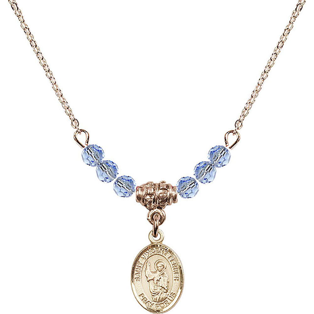 14kt Gold Filled Saint Vincent Ferrer Birthstone Necklace with Light Sapphire Beads - 9201