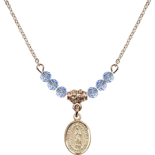 14kt Gold Filled Our Lady of Guadalupe Birthstone Necklace with Light Sapphire Beads - 9206