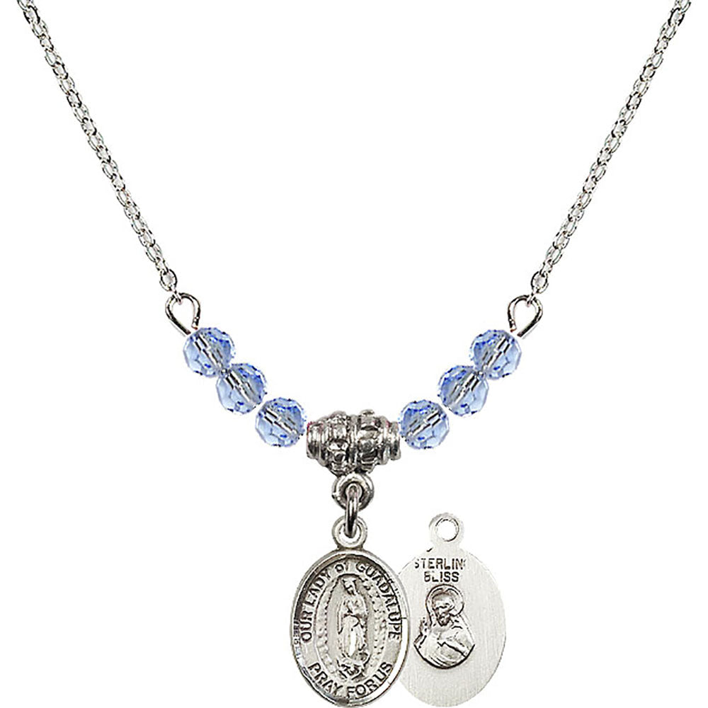 Sterling Silver Our Lady of Guadalupe Birthstone Necklace with Light Sapphire Beads - 9206