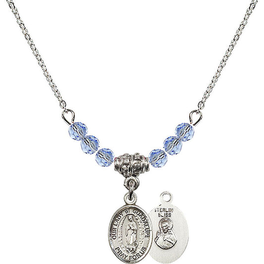 Sterling Silver Our Lady of Guadalupe Birthstone Necklace with Light Sapphire Beads - 9206