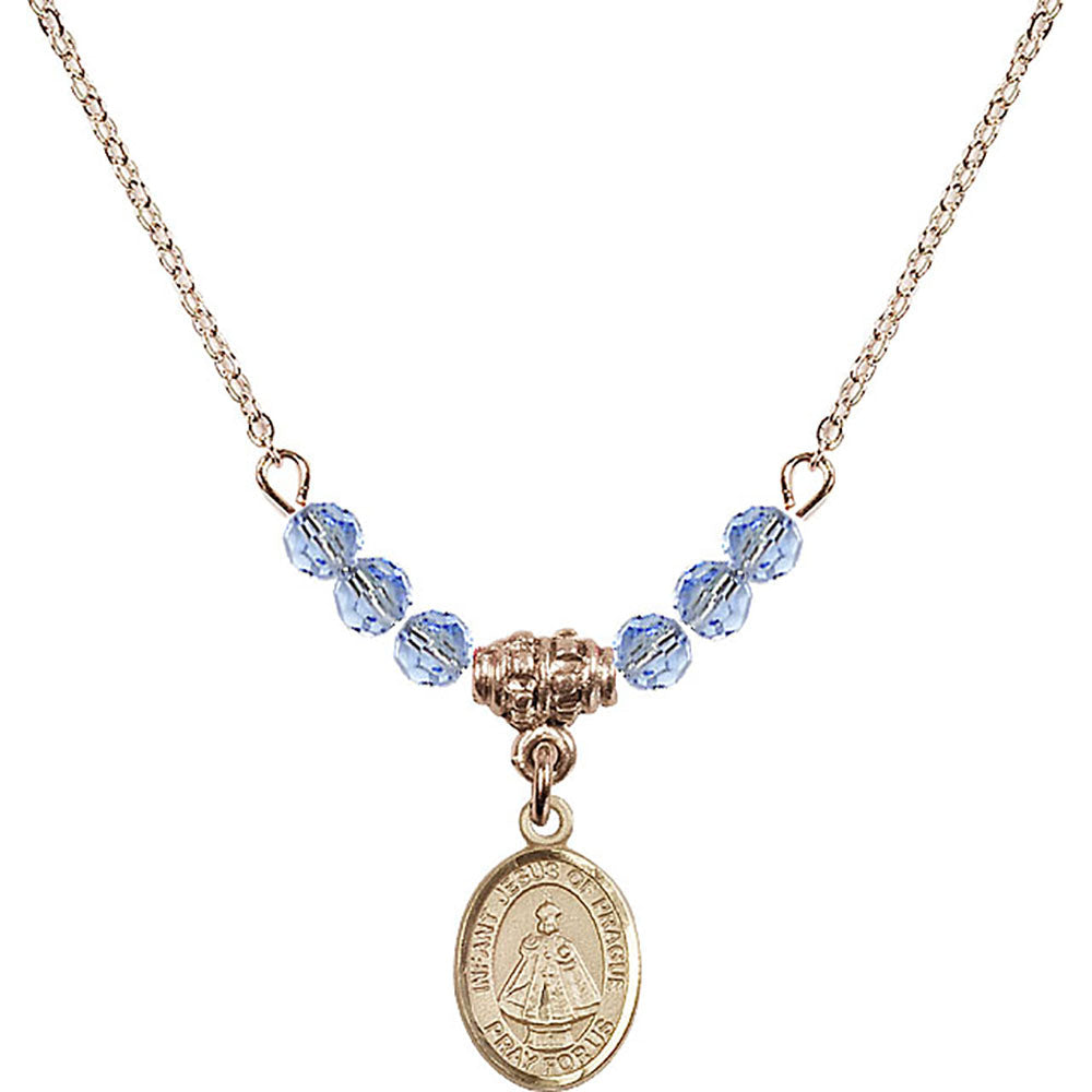 14kt Gold Filled Infant of Prague Birthstone Necklace with Light Sapphire Beads - 9207