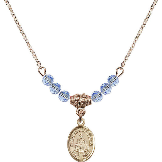 14kt Gold Filled Infant of Prague Birthstone Necklace with Light Sapphire Beads - 9207