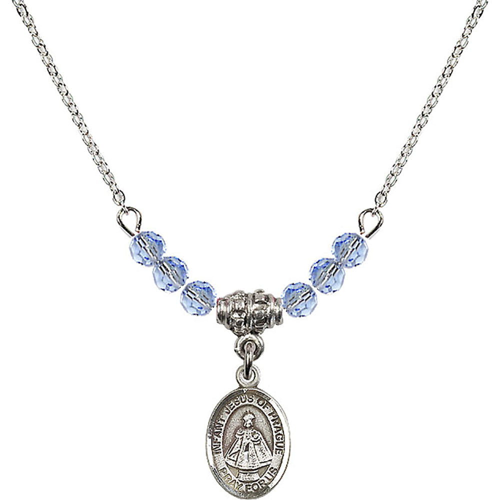 Sterling Silver Infant of Prague Birthstone Necklace with Light Sapphire Beads - 9207