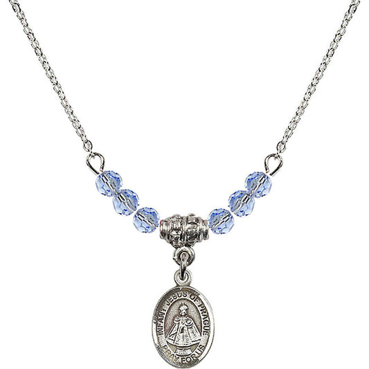 Sterling Silver Infant of Prague Birthstone Necklace with Light Sapphire Beads - 9207
