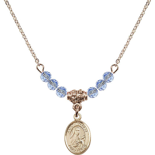 14kt Gold Filled Saint Therese of Lisieux Birthstone Necklace with Light Sapphire Beads - 9210