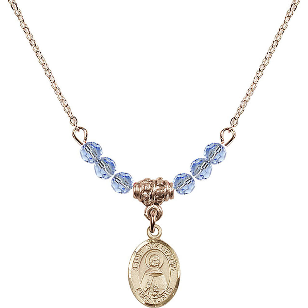 14kt Gold Filled Saint Anastasia Birthstone Necklace with Light Sapphire Beads - 9213