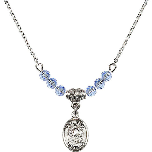 Sterling Silver Holy Family Birthstone Necklace with Light Sapphire Beads - 9218