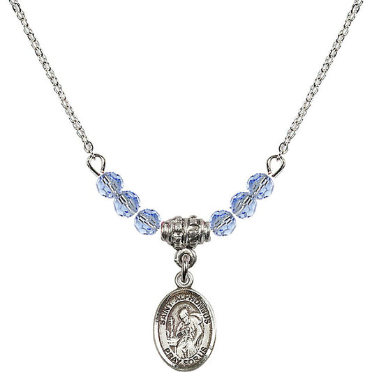 Sterling Silver Saint Alphonsus Birthstone Necklace with Light Sapphire Beads - 9221