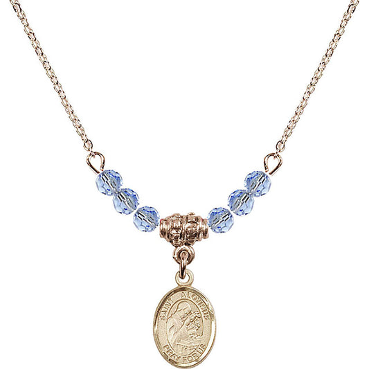 14kt Gold Filled Saint Aloysius Gonzaga Birthstone Necklace with Light Sapphire Beads - 9225