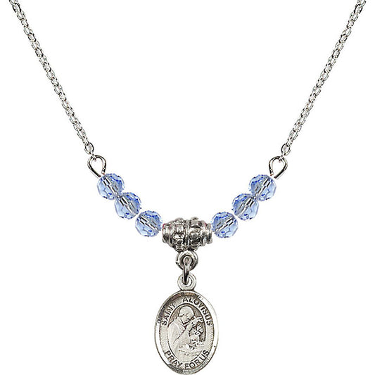 Sterling Silver Saint Aloysius Gonzaga Birthstone Necklace with Light Sapphire Beads - 9225