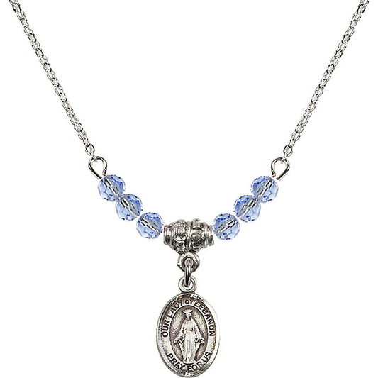 Sterling Silver Our Lady of Lebanon Birthstone Necklace with Light Sapphire Beads - 9229