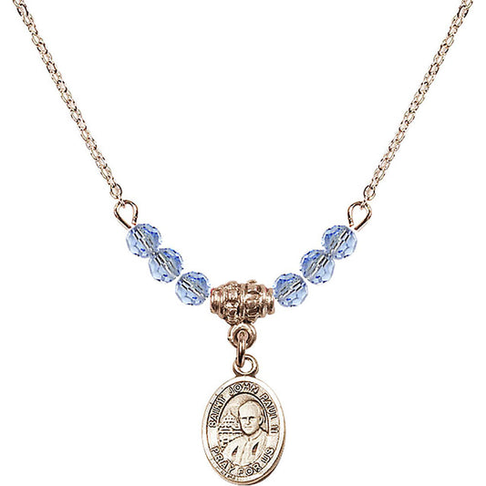 14kt Gold Filled Saint John Paul II Birthstone Necklace with Light Sapphire Beads - 9234