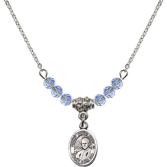 Sterling Silver Saint John Paul II Birthstone Necklace with Light Sapphire Beads - 9234