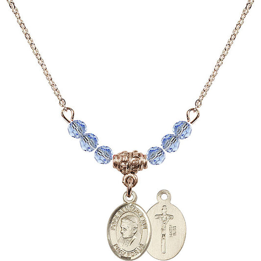 14kt Gold Filled Pope Emeritace Benedict XVI Birthstone Necklace with Light Sapphire Beads - 9235