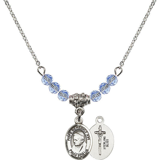 Sterling Silver Pope Emeritace Benedict XVI Birthstone Necklace with Light Sapphire Beads - 9235