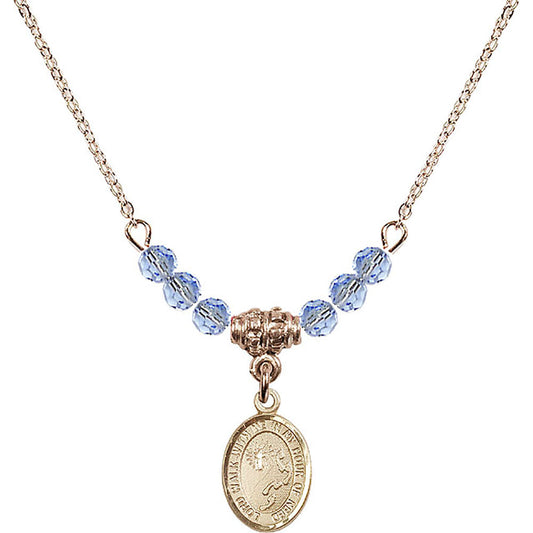 14kt Gold Filled Footprints / Cross Birthstone Necklace with Light Sapphire Beads - 9237
