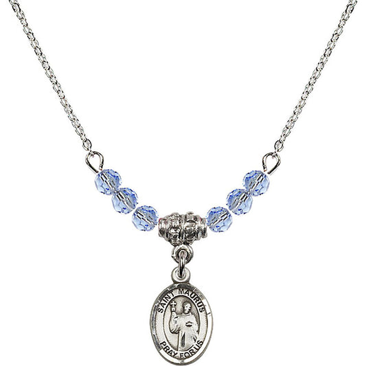 Sterling Silver Saint Maurus Birthstone Necklace with Light Sapphire Beads - 9241