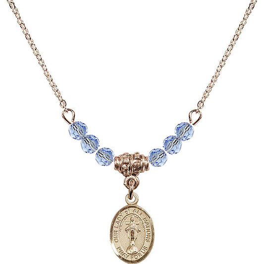 14kt Gold Filled Our Lady of All Nations Birthstone Necklace with Light Sapphire Beads - 9242