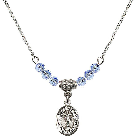 Sterling Silver Our Lady of All Nations Birthstone Necklace with Light Sapphire Beads - 9242