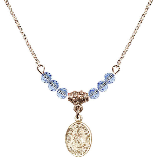 14kt Gold Filled Our Lady of Mount Carmel Birthstone Necklace with Light Sapphire Beads - 9243