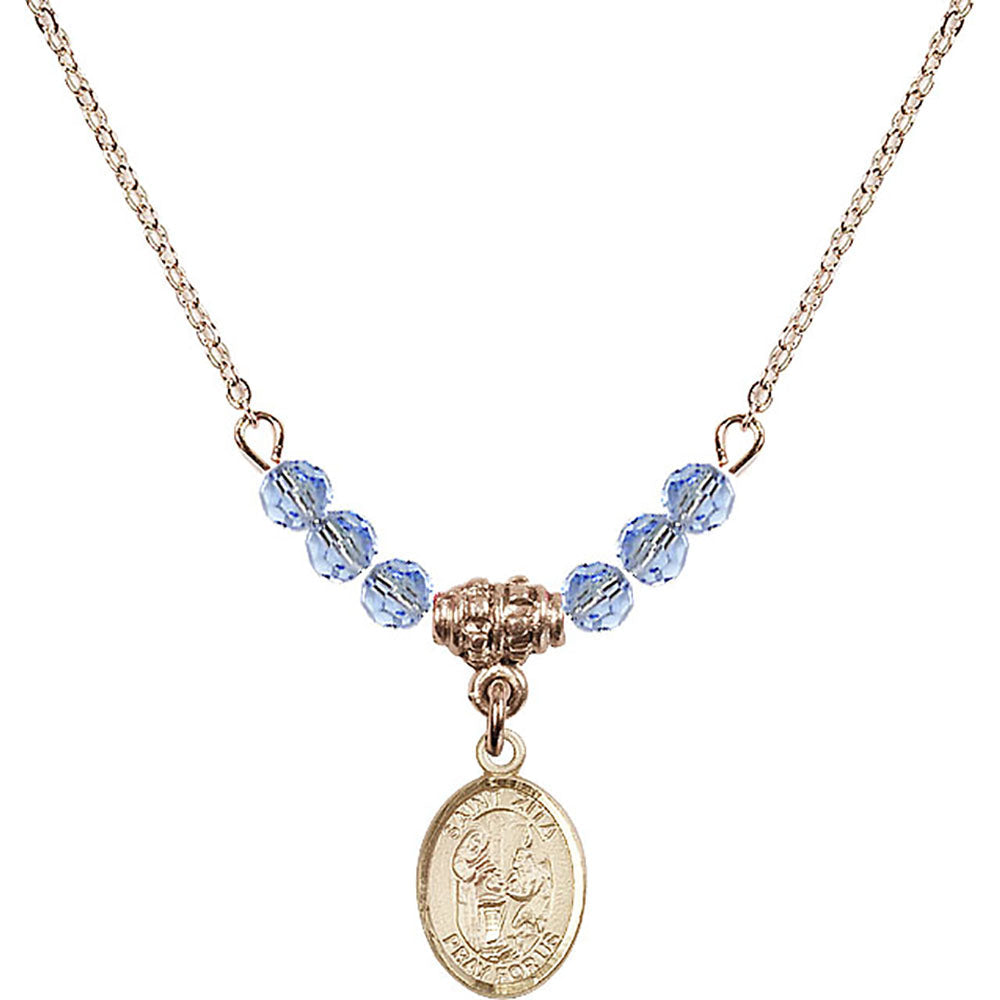 14kt Gold Filled Saint Zita Birthstone Necklace with Light Sapphire Beads - 9244